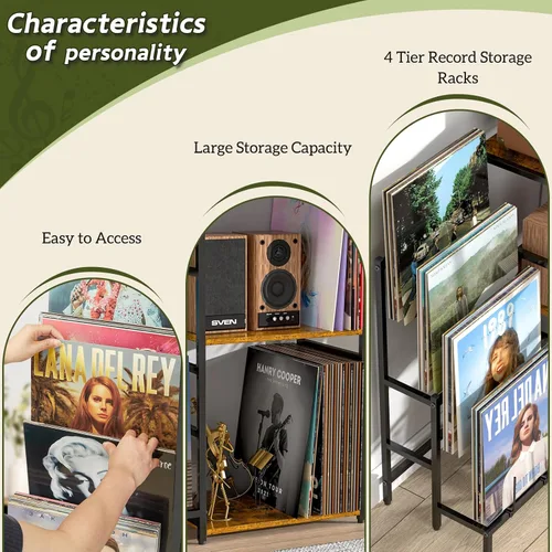 Vista 6 de Soporte para tocadiscos, mesa para tocadiscos con almacenamiento de vinilos de 4 niveles, almacenamiento para tocadiscos de hasta 200+ álbumes