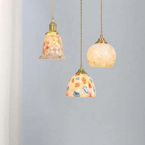 Vista 3 de Modern Brass Pendant Light Fixtures, Nordic Retro Color Glass Shade Ceiling Hanging Lighting, 59in Adjustable Height E27/E26 Sockets Chandelier for