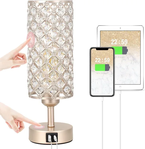 Vista 12 de Lámpara de mesa de cristal, lámpara dorada para dormitorio con puertos de carga USB-C y USB-A, luz regulable de 3 vías con pantalla de cristal