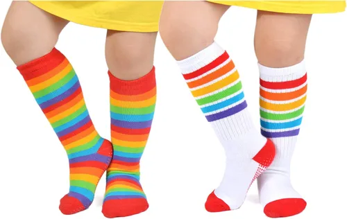 EPEIUS Calcetines altos a la rodilla con rayas arco iris para bebé, medias de tubo antideslizantes, calcetines de fútbol para niños pequeños y niños