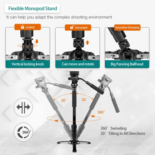 Vista 4 de Monopod extensible de aluminio para cámara con cabezal fluido y base de trípode plegable para cámara DSLR. Altura máxima de 58 pulgadas. Carga útil