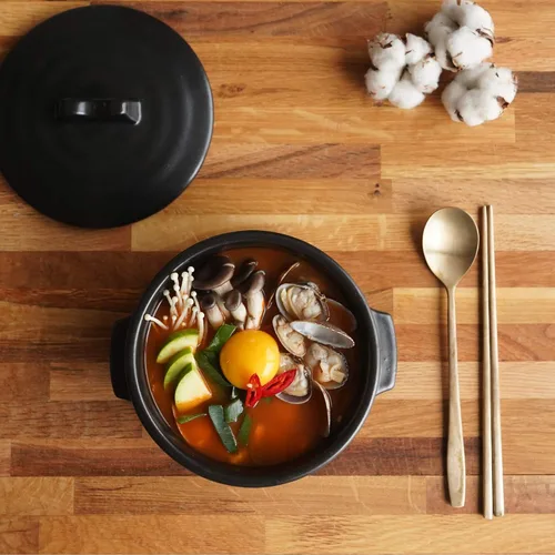 Vista 6 de Olla de piedra coreana con tapa y plato, olla de arcilla para cocinar olla caliente Dolsot Bibimbap y utensilios de cocina de sopa