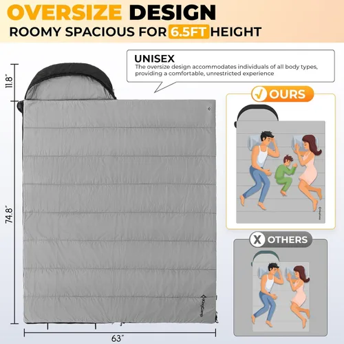 Vista 4 de KingCamp 3-in-1 Sleeping Bag for Adults Cold & Warm Weather, XL Size for Big & Tall Individuals, Waterproof, Flannel Lining, Extra Length-Ideal for