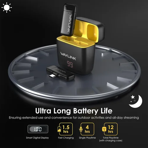 Vista 3 de WAVLINK Micrófono Lavalier inalámbrico para iPhone 16/15/14/13/12 Android Vlog, sistema de micrófono de solapa con clip y entradas Lightning y USB-C