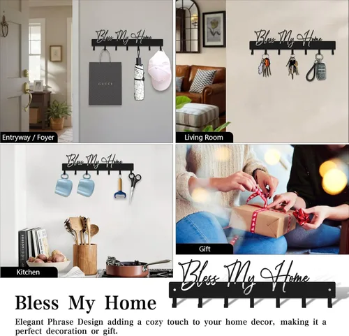 Vista 7 de Exquisito soporte de pared con frase de moda, ganchos para llaves Bless My Home para decoración de pared, colgador de llaves de metal negro con 7