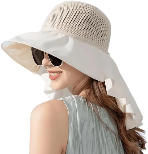 Sombrero de sol para mujer de malla transpirable de secado rápido UPF 50+ con solapa para el cuello, ala ancha, gorra de playa para pesca Beige