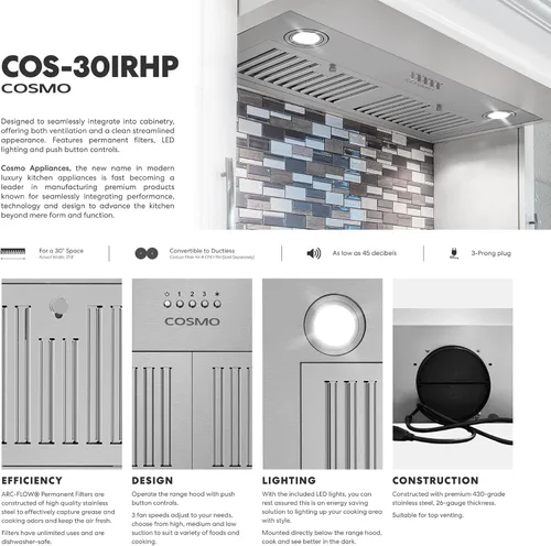 Vista 6 de COSMO COS-30IRHP 30 pulgadas Colección Lumin Campana Extractora de Inserción Canalizada de 380 CFM, Controles de Botón, Luces LED, Acero Inoxidable