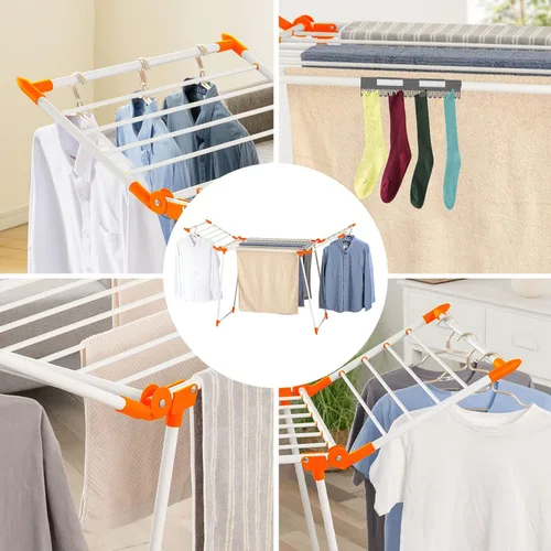 Vista 9 de Estante de secado de ropa, estante de lavandería Gullwing, plegable, ahorra espacio, con clips para calcetines, para ropa, toallas, ropa de cama