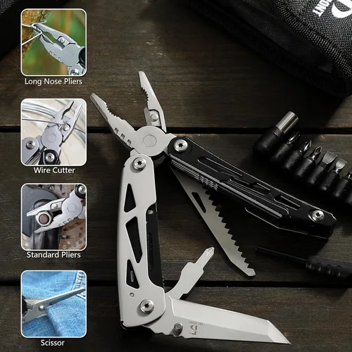 Vista 4 de THE FRONT Multiherramienta 19 en 1, Alicates Multiherramienta con Tijeras Desmontables, Cuchillo Táctico de Camping Multiuso para Supervivencia