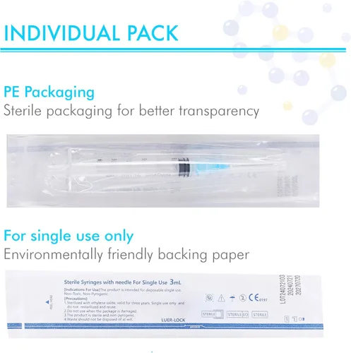 Vista 3 de Paquete de 20 jeringas desechables de 0.1 onzas líquidas con aguja, jeringas Luer Lock de 0.81 oz, 1 pulgada, envueltas individualmente