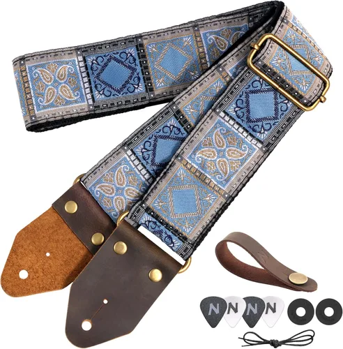 Vista 26 de Nefelibata Correa de guitarra, correas de guitarra de algodón bordado jacquard con extremos de cuero de caballo loco para bajo, eléctrico