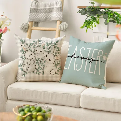 Vista 5 de AVOIN colorlife Happy Easter Buffalo - Funda de cojín de conejo a cuadros, 16 x 16 pulgadas, diseño de hojas de eucalipto, Hello Spring, para sofá