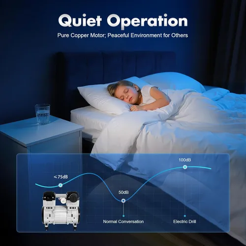 Vista 3 de Bomba de vacío de diafragma sin aceite 7CFM, cabezal de compresor eléctrico de 1100 W, recuento de motor de silencio de aire pequeño, bomba de vacío