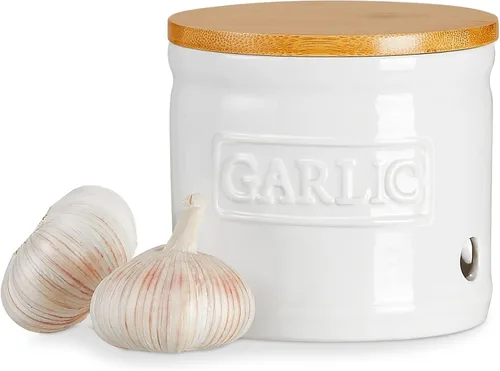 Vista 12 de ONEMORE Soporte de ajo con tapa, recipiente de ajo de cerámica de 4 pulgadas, azul claro