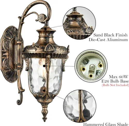 Vista 3 de SAMTEEN Lámparas de bronce para exteriores, montaje en pared, 15.8 pulgadas de alto, impermeable, aplique de pared exterior con pantalla de vidrio