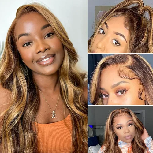 Pelucas de cabello humano ondulado con encaje frontal HD transparente de 13 x 4 pulgadas para mujeres afroamericanas, color rubio miel degradado
