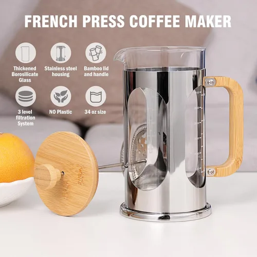 Vista 4 de Sivaphe Cafetera de prensa francesa sin plástico de 34 onzas, tapa de bambú de vidrio borosilicato y asa, prensa de té de café, 8 tazas, 33.8 fl oz