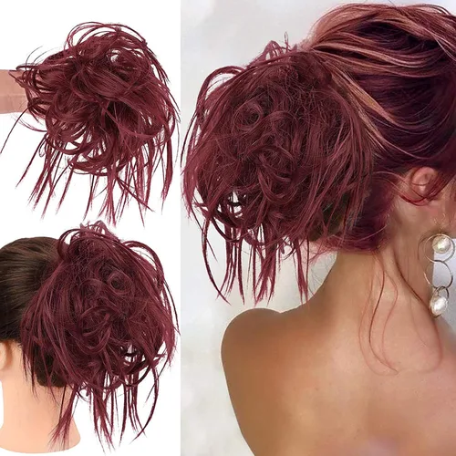 Vista 12 de HMD - Extensiones de cabello con chongo alborotado y coleta con banda elástica de goma, extensiones de cabello sintético para mujer, extensiones