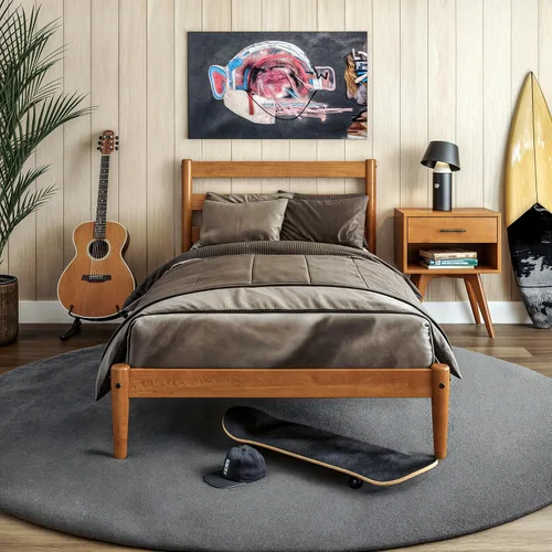 Vista 10 de Camaflexi Mid-Century - Cama de plataforma moderna, madera maciza, cabecera de listones, base de colchón de 10 listones de madera, no necesita Negro