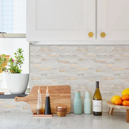Vista 6 de STICKGOO Azulejo de protección contra salpicaduras para despegar y pegar, para cocina y baño, aspecto de madera negra y gris, PVC, mezcla de metal