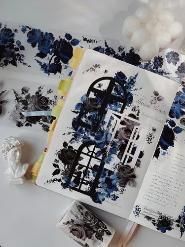 Vista 6 de WT Cinta ancha de PET azul cobalto, rollo individual, diseños originales, decoraciones florales, adhesivo transparente claro, diario basura