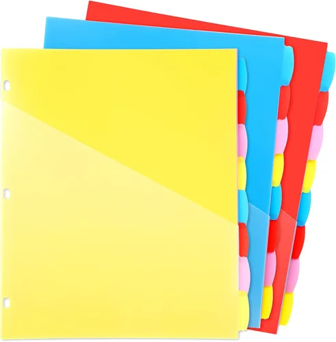 Vista 10 de WOT I Separadores de carpetas duraderos de 5 pestañas con bolsillo transparente, 3 juegos, separadores de plástico reutilizables para carpeta de 3