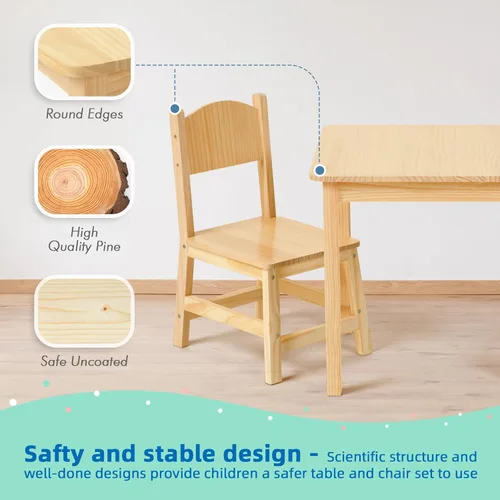 Vista 4 de OOOK Juego de mesa y silla de madera maciza para niños, estable y resistente, material fácil de limpiar, mesa y sillas para niños para sala