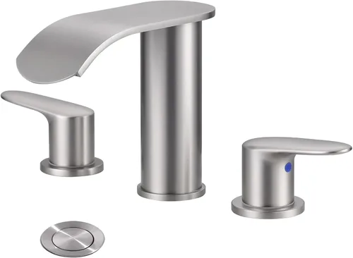WOWOW Grifo de Baño Cascada 3 Orificios 8 Pulgadas Extendido Grifo de Lavabo de Baño, Dos Manijas Níquel Cepillado Grifo de Baño con Desagüe Pop-up