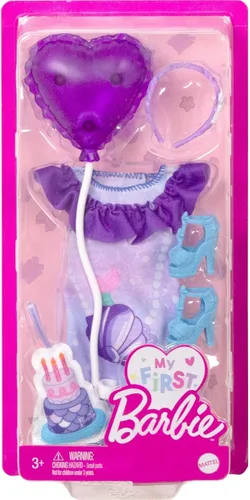 Vista 2 de Barbie My First Barbie Clothes, paquete de moda para muñecas preescolares de 13.5 pulgadas, conjunto con accesorios de cumpleaños de sirena