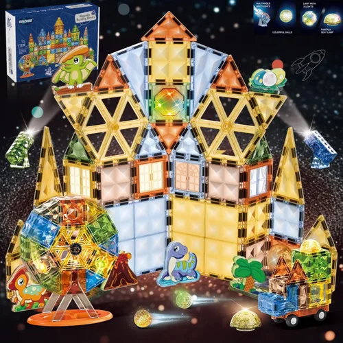 Vista 9 de BINZKBB Bloques de construcción de azulejos magnéticos, juego de construcción STEM educativo transparente 3D iluminado, juguetes sensoriales