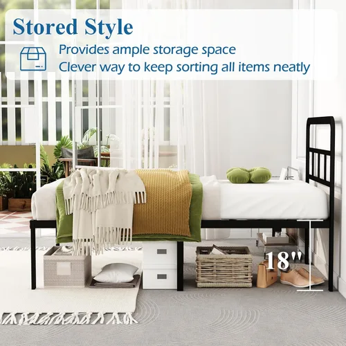 Vista 4 de DiaOutro - Marcos de cama individual con cabecera de 18 pulgadas, plataforma metálica, base de colchón de listones de acero resistente, no requiere