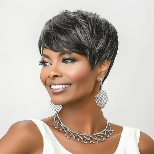 Vista 14 de Pelucas de corte Pixie para mujeres negras, pelucas cortas negras naturales con flequillo, pelucas de pelo corto para mujeres negras (negro)
