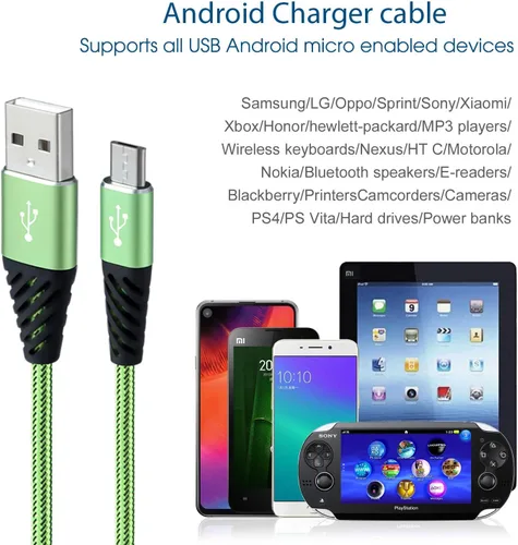 Vista 7 de Boenoea Fast Phone Charger Android 10ft 5-Pack Long Micro USB Cable Braided Compatible with Samsung Galaxy J3 J7 S6 S7 Edge Note 4 5 LG BlackBerry