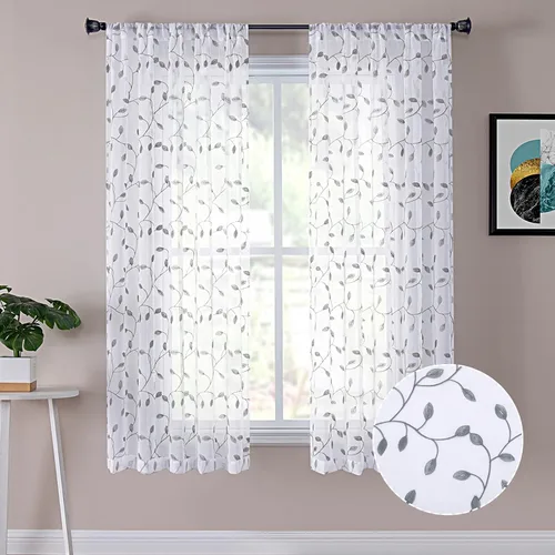 Vista 12 de Cortinas Tollpiz translúcidas, con diseño de hojas bordadas, para dormitorio, de lino sintético, para sala de estar, juego de 2 paneles