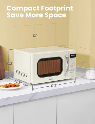 Vista 5 de COMFEE' Horno de microondas pequeño retro con tamaño compacto, 9 menús preestablecidos, plato giratorio con memoria de posición, función