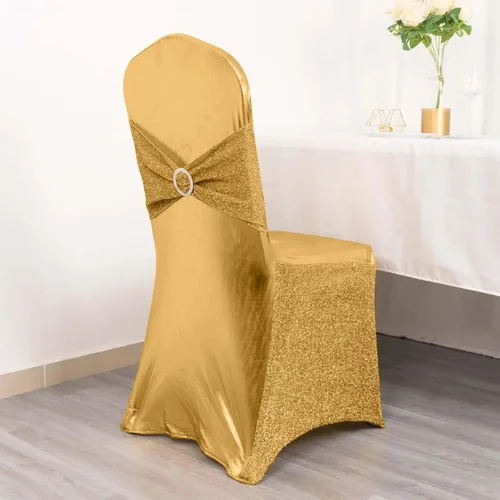 Vista 38 de Efavormart - Funda para silla de banquete de elastano beige con banda de hebilla de diamantes de imitación plateados, funda elástica para silla