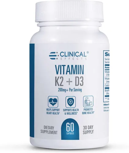 Clinical Effects Vitamina K2 + D3 - Suplemento vitamínico K2 + D3 con extracto de pimienta negra bioperina y calcio para apoyo a la salud ósea y