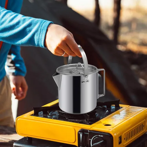 Vista 8 de Hervidor de té para camping, cafetera portátil de 1.2 L, olla de campamento al aire libre, con asas y con tapas para camping, senderismo, picnic