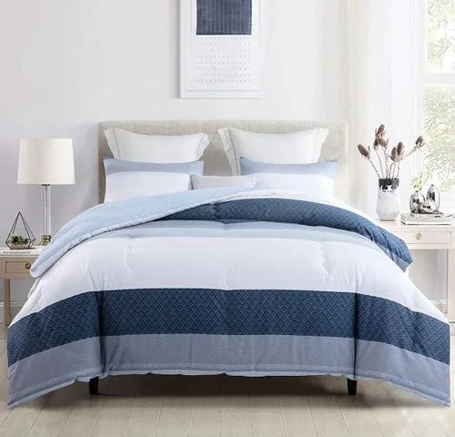 Vista 2 de Sleepbella - Edredón tamaño individual, algodón de 600 hilos, patchwork a rayas en blanco y azul marino, diseño reversible en azul, con relleno Azul
