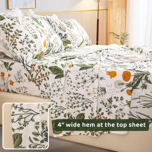 Vista 5 de QSH Sábanas 100% algodón para cama tamaño Queen, patrón de plantas de flores amarillas botánicas de algodón de lujo con estampado floral