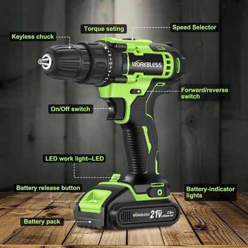 Vista 2 de WORKBLESS Juego de Taladro Eléctrico de 21V, Taladro Inalámbrico con Batería y Cargador, Portabrocas sin Llave de 3/8'', Velocidad Variable
