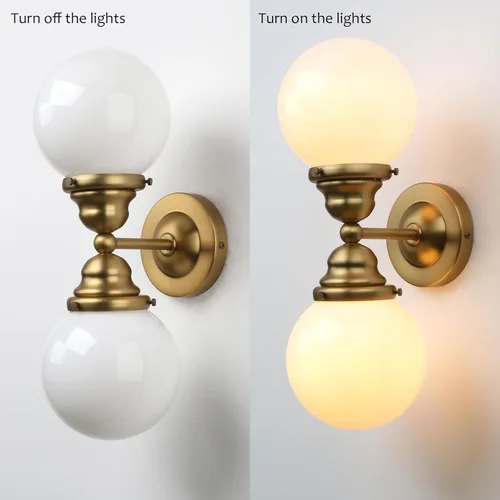 Vista 7 de Pathson Milk White Glass Wall Sconces Lighting, 2 Lights Industrial Wall Vanity Light Fixtures Brass Finish, Vintage Wall Sconce Lamp for Bathroom