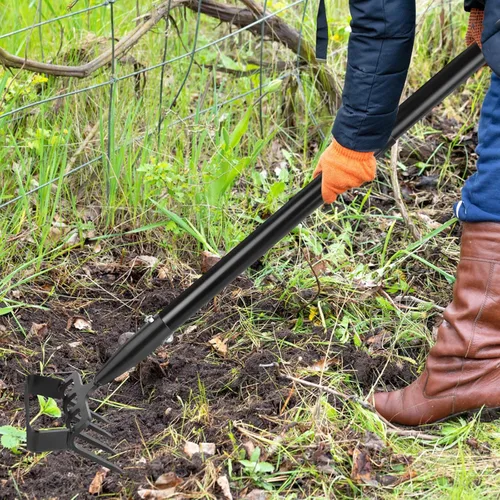 Vista 6 de Azada de estribo y rastrillo de cultivador para deshierbe, azada de hula de jardín 2 en 1 resistente con mango ajustable de 62 pulgadas, azada