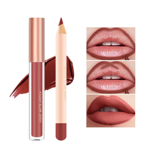 Vista 4 de Lápiz labial líquido mate aterciopelado con delineador de labios suave a juego, brillo de labios duradero, taza antiadherente de larga duración,