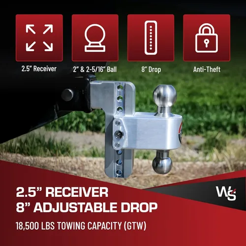 Vista 2 de Weigh Safe Soporte de bola de enganche de remolque ajustable, enganche de caída ajustable de 8 pulgadas para receptor de 2.5 pulgadas con juego de 4