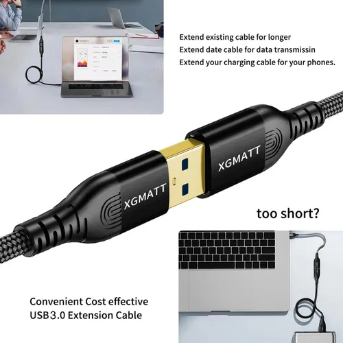 Vista 2 de Cable de extensión USB 3.0 de 10 pies + 10 pies, paquete de 2 unidades, cable de extensión USB de sincronización de datos de 5 Gbps USB tipo A macho