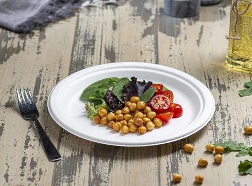 Vista 3 de Plato llano redondo desechable de bagazo blanco de 9 pulgadas, 100% fibras de caña de azúcar naturales compostables, resistente, a prueba de fugas