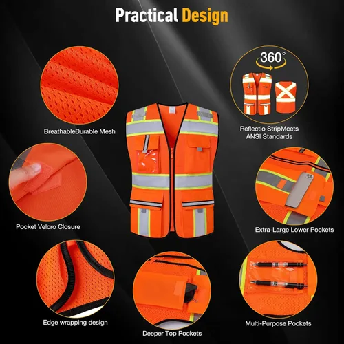 Vista 6 de Chaleco de seguridad clase 2 con cremallera frontal y múltiples bolsillos, chaleco de alta visibilidad, cumple con las normas ANSI/ISEA