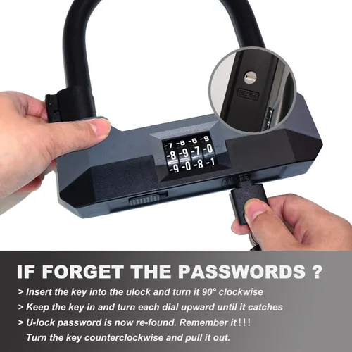 Vista 6 de Candados de bicicleta resistentes antirrobo, combinación de bloqueo en U de 0.709 in con cable de acero de 5 pies, 4 dígitos reiniciable, cerradura