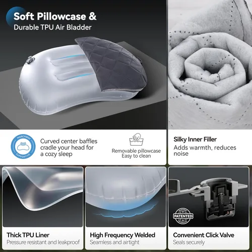 Vista 4 de MARCHWAY Almohada de acampada ultraligera inflable con funda lavable suave, almohada de aire portátil y compresible compacta para dormir al aire